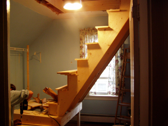 Adding stairs to the landing. When the stair is completed, we are thinking of blocking in the area under the stairwell, with access from the far side, by the window. This area already leads to a closet, so this will simply expand it.