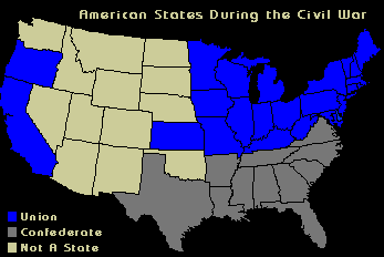 Map of the United States showing the Confederate and Union states.