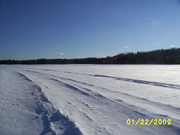 The Fish River in January, taken from the frozen river, on the south side of the bridge.