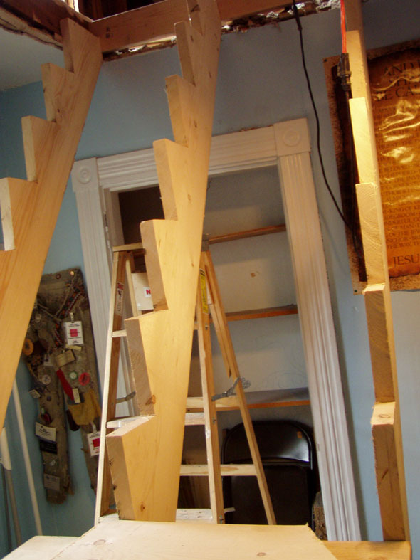 The only way we could find to make the math come out correctly is to go with 9-inch risers and seven-inch stairs. The steps are a little higher than I'd like but I'm sure we'll get used to it.