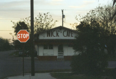 Nicks Cafe has the best hamburgers anywhere.  Dont ask for fries -- he doesnt have them.  Burgers and chile are the only items on the menu.  Nicks doesnt seem to keep regular hours.  Some days, hes not open at all.  Sometimes he opens only for a couple of hours.  More often, youll find him open only after midnight.