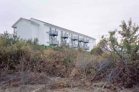 From the rear of the motel you can see the patios that are included with most of the rooms.