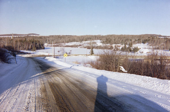 In this scene, taken from Pond View Road, you can see the bridge off on the right, as well as my own winter shadow.