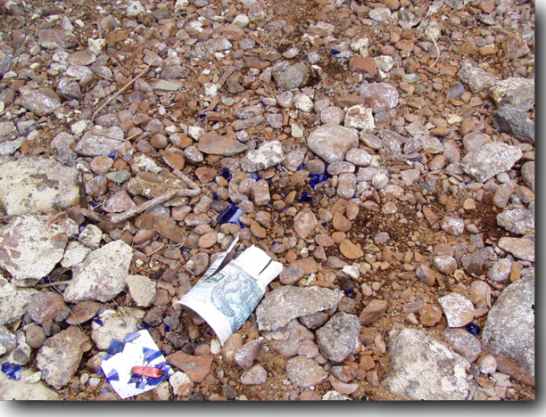 Broken glass and discarded styrofoam.