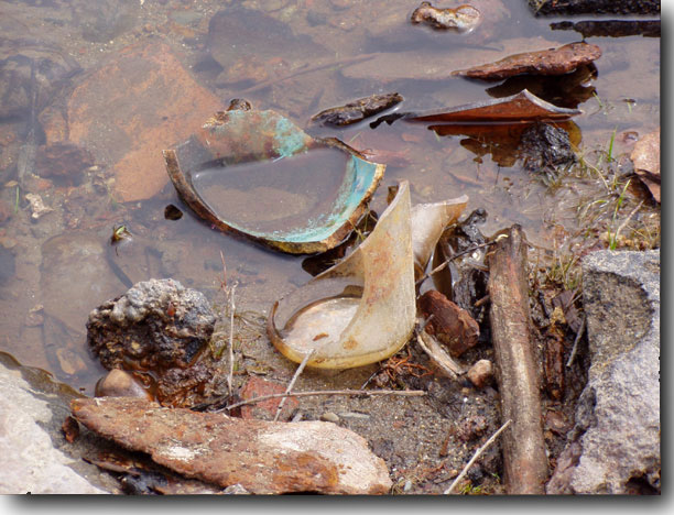 Broken glass and ceramic on the banks of the stream.