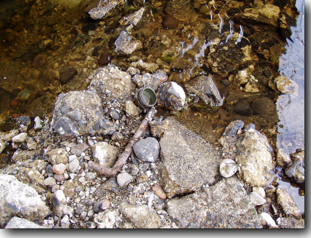 Rusted iron, discarded steel on the bottom of the stream, oil floating on the surface.